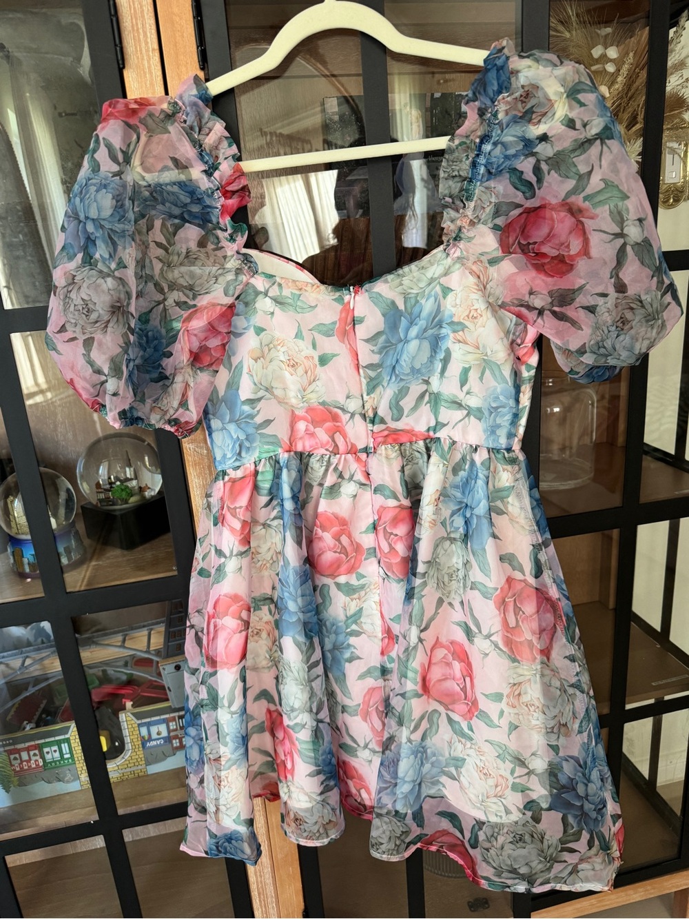 Babydoll mini dress Organza puff short sleeve selkie floral print sweetheart - Picture 3 of 8